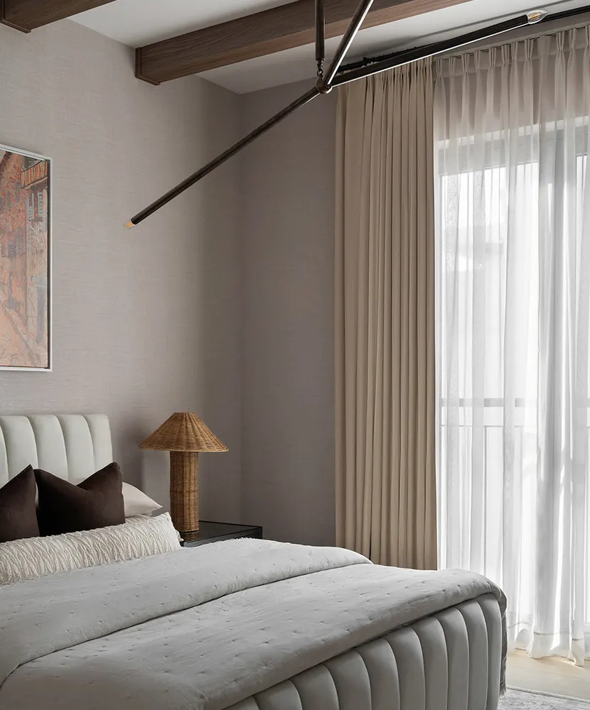 Autumn Project: apartment living room in warm autumnal tones with an indoor olive tree, Dubai