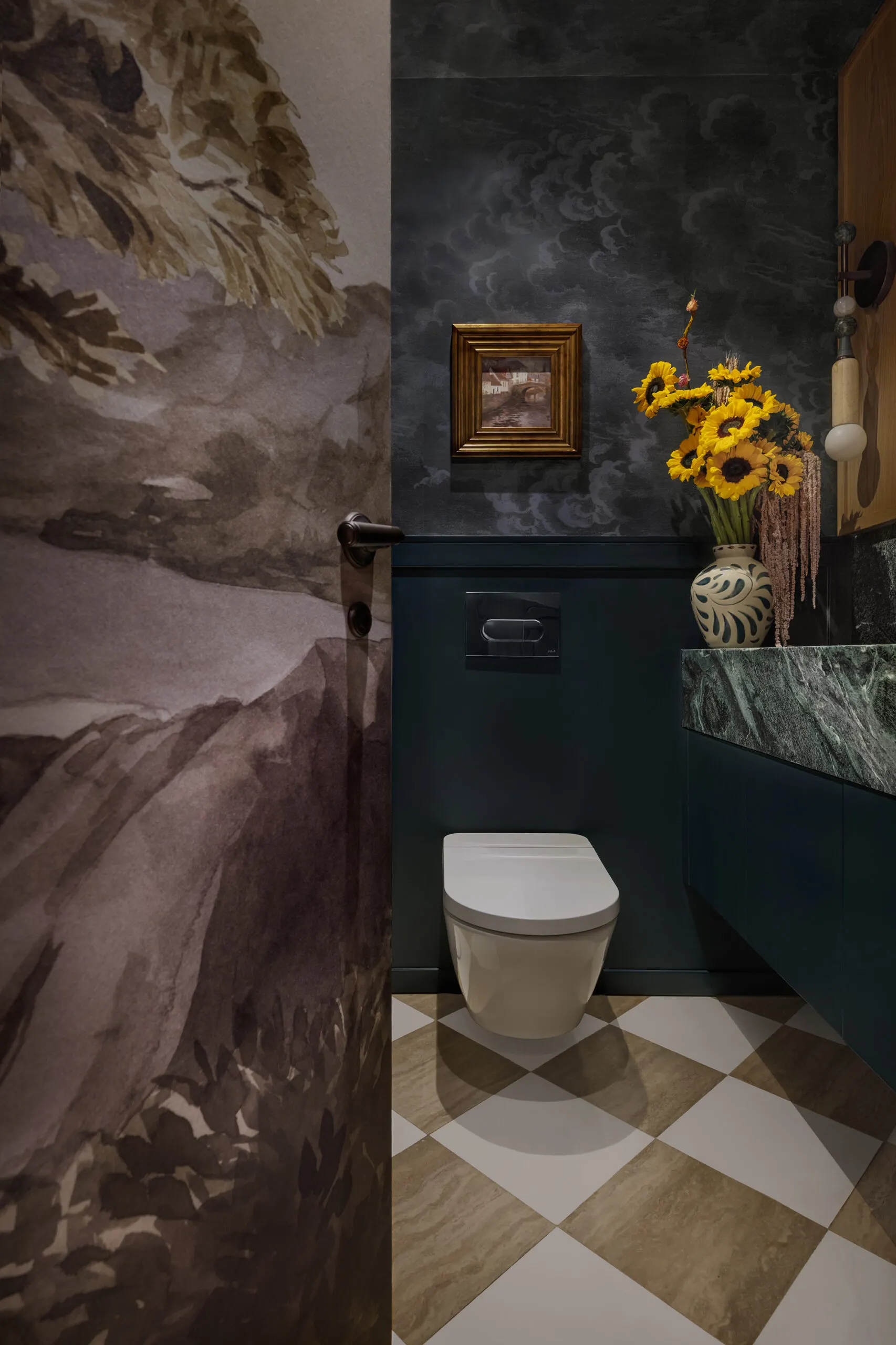 LH Bathroom Remodel, alternate view: powder room and master bathroom renovation with Verdi Alpi and Calacatta Viola marble, Dubai